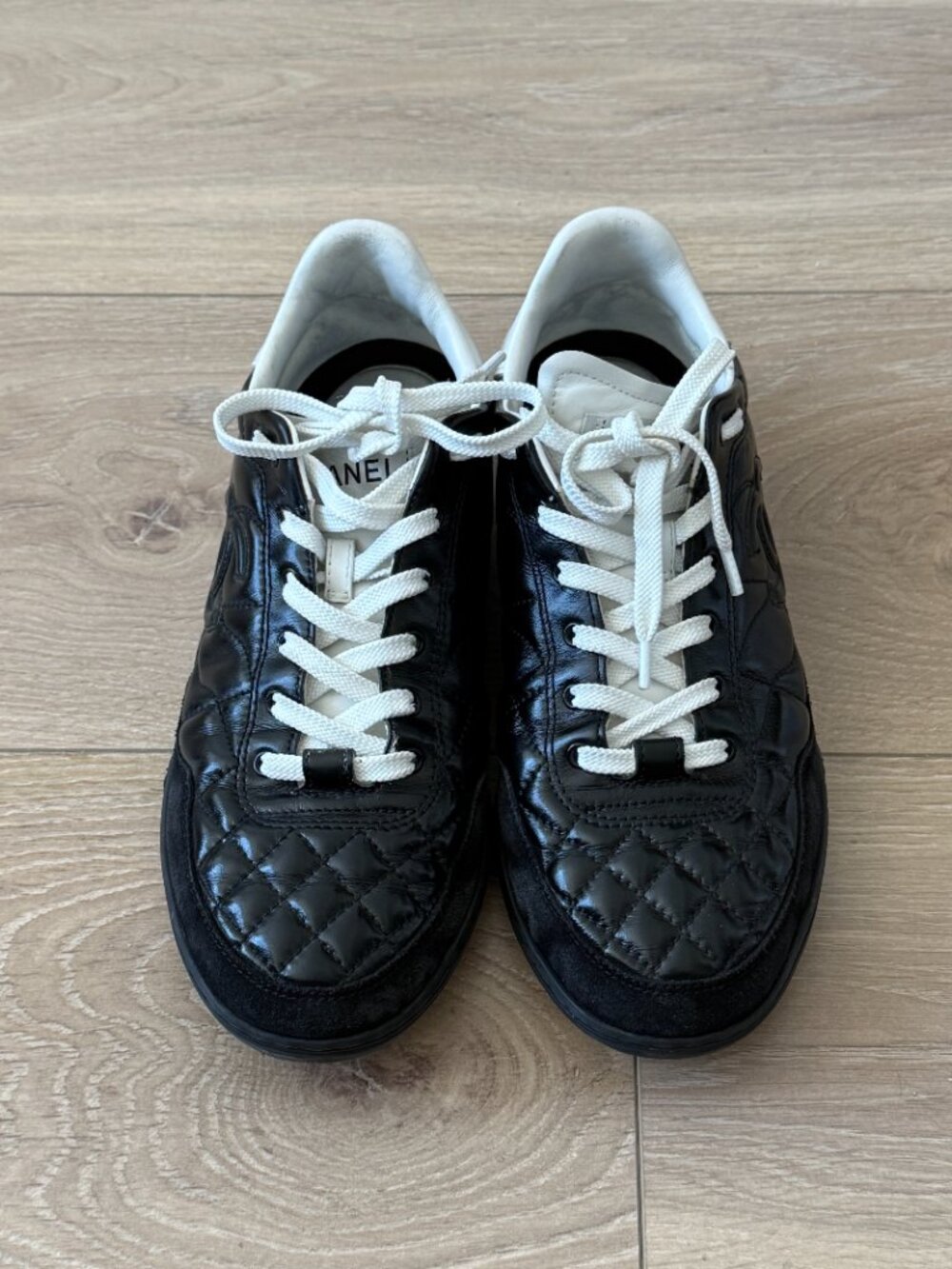 CHANEL Calfskin Suede Quilted Logo Sneakers – Size 37 - Picture 3 of 6
